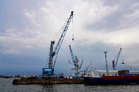 Freight Cranes In The Port Of Hamburg