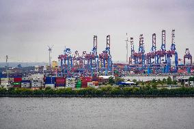 Freight Cranes In The Harbor Of Hamburg