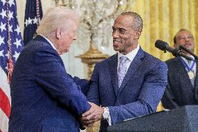US President Donald J. Trump delivers remarks during a reception honoring Black History Month
