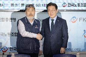 Lee Jae-myung Visits Korean Confederation Of Trade Unions: "Clear Stance On Reducing Working Hours And Four-Day Workweek"