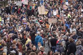 Large Protest Against The Political Rights And The AFD One Day Before The General Election In Germany In Freiburg