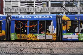 Tram Traffic In The German City Of Freiburg