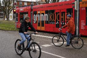 Tram Traffic In The German City Of Freiburg
