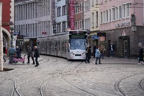 Tram Traffic In The German City Of Freiburg