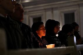 Religion: Cardinal Robert Prevost leads the recitation of the Holy Rosary for Pope Francis on March 03, 2025