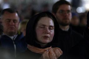 Religion: Cardinal Arthur Roche leads the recitation of the Holy Rosary for Pope Francis on March 04, 2025