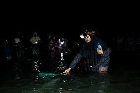 The Sasak People Gather To Catch Sea Worms Or Bau Nyale In Lombok, Indonesia.