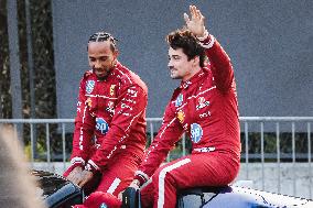 Leclerc and Hamilton at Scuderia Ferrari HP Drivers Presentation in Milan