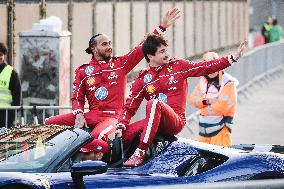 Leclerc and Hamilton at Scuderia Ferrari HP Drivers Presentation in Milan