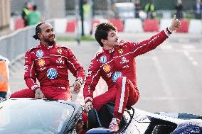 Leclerc and Hamilton at Scuderia Ferrari HP Drivers Presentation in Milan