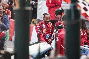 Leclerc and Hamilton at Scuderia Ferrari HP Drivers Presentation in Milan