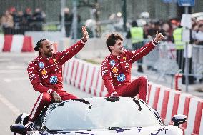 Leclerc and Hamilton at Scuderia Ferrari HP Drivers Presentation in Milan