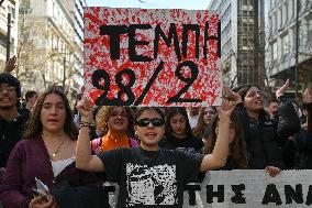 Students Rally In Central Athens Demanding Justice For The Victims Of The Tempi Train Collision