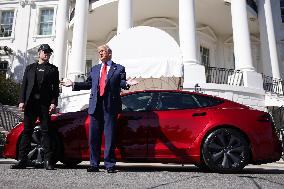 DC: President Trump views Tesla vehicles in Front of The White House