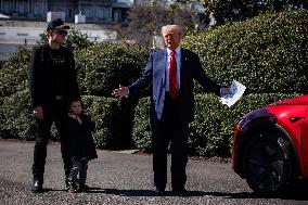 DC: President Trump views Tesla vehicles in Front of The White House