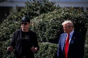 DC: President Trump views Tesla vehicles in Front of The White House