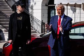 DC: President Trump views Tesla vehicles in Front of The White House