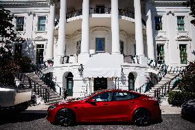 DC: President Trump views Tesla vehicles in Front of The White House