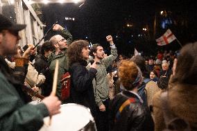 Protest Of Independent Unions And Students Of Theatre And Film University. Tbilisi 12, March