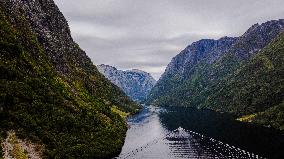 Aerial view of Nærøyfjord, a UNESCO fjord in Norway