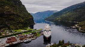 Aerial View of a Cruise Ship Docked in Flåm, Norway