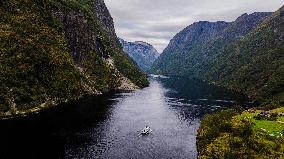 Aerial view of Nærøyfjord, a UNESCO fjord in Norway