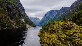 Aerial view of Nærøyfjord, a UNESCO fjord in Norway