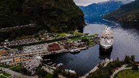 Aerial View of a Cruise Ship Docked in Flåm, Norway