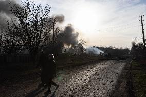 The Russian Army Bombed A Village In The Donetsk Region.