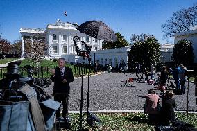 View Of The Media Waiting At The  White House For The President Donald J. Trump’s Calls With President Vladimir Putin