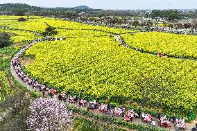 Tourists Eat Hot Pot Among Blooming Rapeseed Flowers in Nanjing