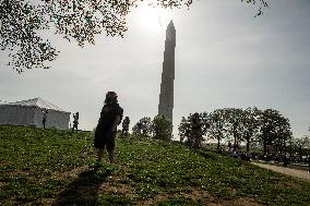 Pro-Palestinian protestors march from the National Gallery to ICE Headquarters in Washington, DC, on Saturday April 5, 2025. Thi