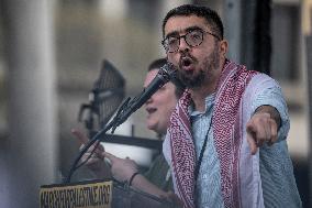 Pro-Palestinian protestors march from the National Gallery to ICE Headquarters in Washington, DC, on Saturday April 5, 2025. Thi