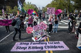 Pro-Palestinian protestors march from the National Gallery to ICE Headquarters in Washington, DC, on Saturday April 5, 2025. Thi