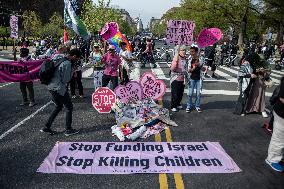 Pro-Palestinian protestors march from the National Gallery to ICE Headquarters in Washington, DC, on Saturday April 5, 2025. Thi