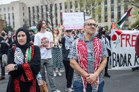 Pro-Palestinian protestors march from the National Gallery to ICE Headquarters in Washington, DC, on Saturday April 5, 2025. Thi