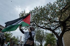 Pro-Palestinian protestors march from the National Gallery to ICE Headquarters in Washington, DC, on Saturday April 5, 2025. Thi