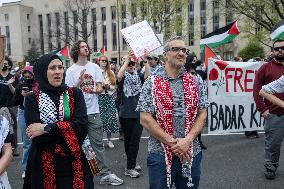 Pro-Palestinian protestors march from the National Gallery to ICE Headquarters in Washington, DC, on Saturday April 5, 2025. Thi