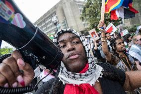 Pro-Palestinian protestors march from the National Gallery to ICE Headquarters in Washington, DC, on Saturday April 5, 2025. Thi