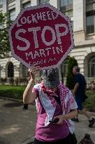 Pro-Palestinian protestors march from the National Gallery to ICE Headquarters in Washington, DC, on Saturday April 5, 2025. Thi