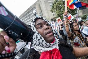 Pro-Palestinian protestors march from the National Gallery to ICE Headquarters in Washington, DC, on Saturday April 5, 2025. Thi