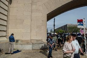 Pro-Palestinian protestors march from the National Gallery to ICE Headquarters in Washington, DC, on Saturday April 5, 2025. Thi