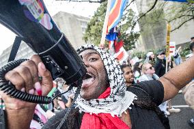 Pro-Palestinian protestors march from the National Gallery to ICE Headquarters in Washington, DC, on Saturday April 5, 2025. Thi