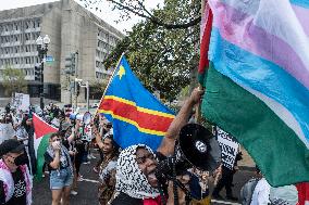 Pro-Palestinian protestors march from the National Gallery to ICE Headquarters in Washington, DC, on Saturday April 5, 2025. Thi