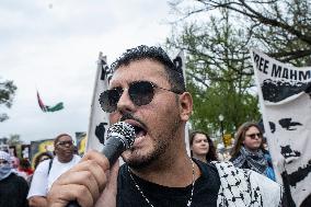 Pro-Palestinian protestors march from the National Gallery to ICE Headquarters in Washington, DC, on Saturday April 5, 2025. Thi