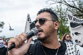Pro-Palestinian protestors march from the National Gallery to ICE Headquarters in Washington, DC, on Saturday April 5, 2025. Thi