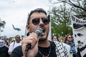 Pro-Palestinian protestors march from the National Gallery to ICE Headquarters in Washington, DC, on Saturday April 5, 2025. Thi