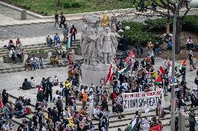 Pro-Palestinian protestors march from the National Gallery to ICE Headquarters in Washington, DC, on Saturday April 5, 2025. Thi