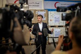 Macron talks to the media during a visit at Egyptian Red Crescent - Egypt