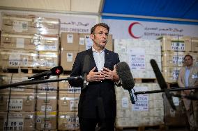 Macron talks to the media during a visit at Egyptian Red Crescent - Egypt